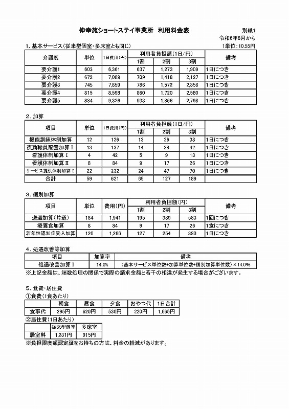 伸幸苑ショートステイ事業所利用料金表1